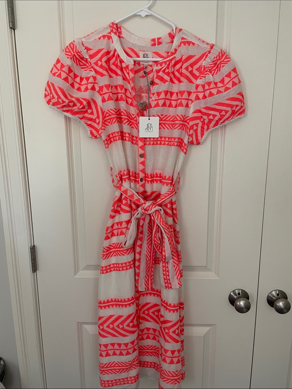 dRA Neon Coral Geometric Belted Midi Dress
